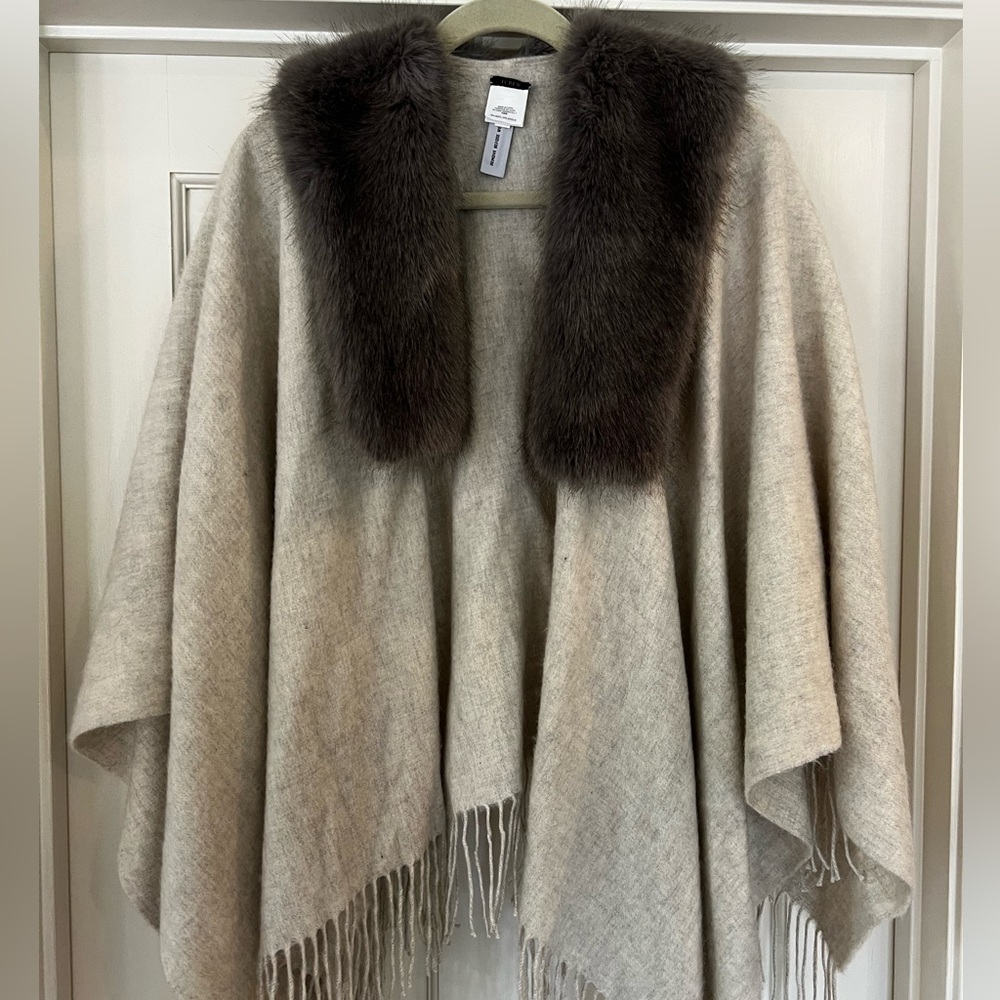 J.Crew Wool Blend Cape Coat with Faux Fur Collar